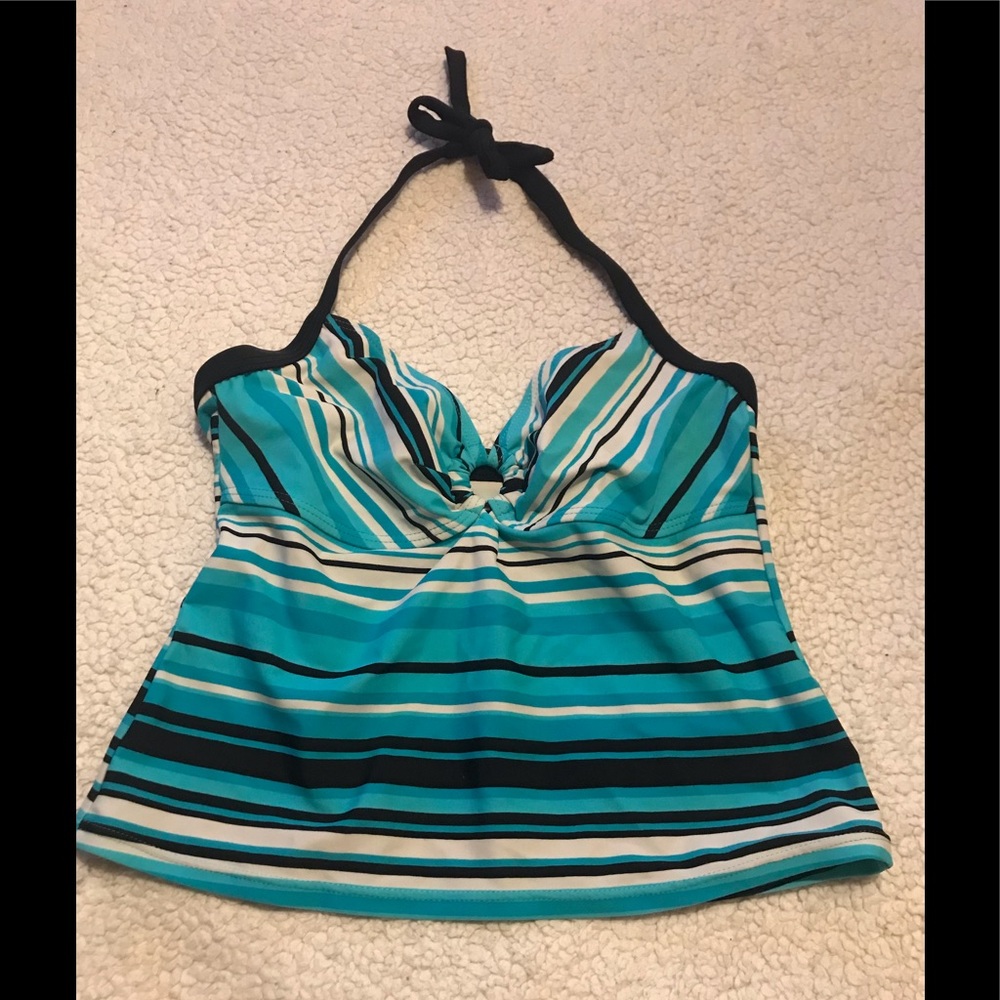 Covington 12 aqua, white &  black stripe halter swim tankini top